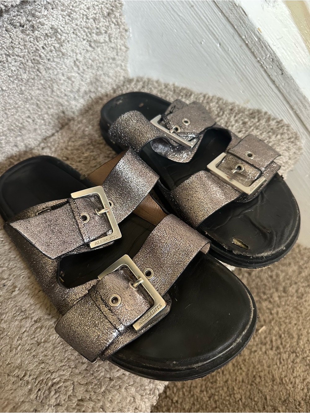ALL SAINTS SIAN METALLIC LEATHER BUCKLE SANDALS